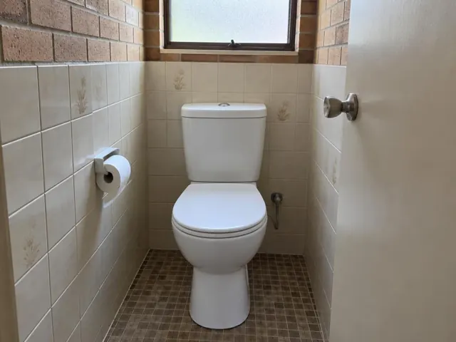 Clean white toilet in a small tiled bathroom with a window and paper holder in Greystanes