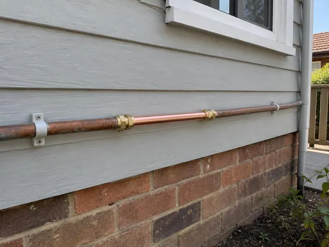 Exterior house wall with a repaired copper water pipe section mounted along weatherboard and brick in Wentworthville